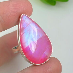 Pink Rainbow Moonstone Ring Size 9.25 9.5 Chunky Sterling Silver Filled